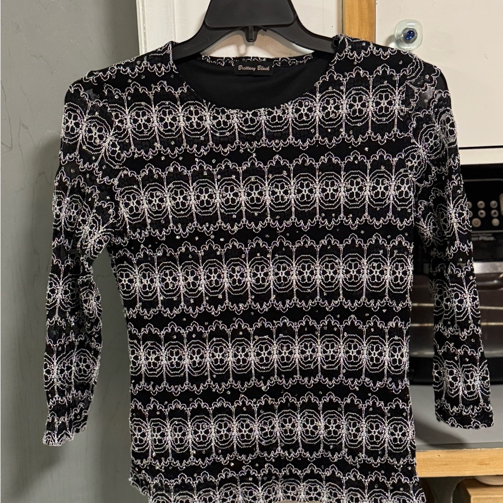 Black and White Embroidered Lace Top with sequins